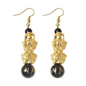 Feng Shui Black Obsidian Carved Beaded Pixiu Earrings in Goldtone